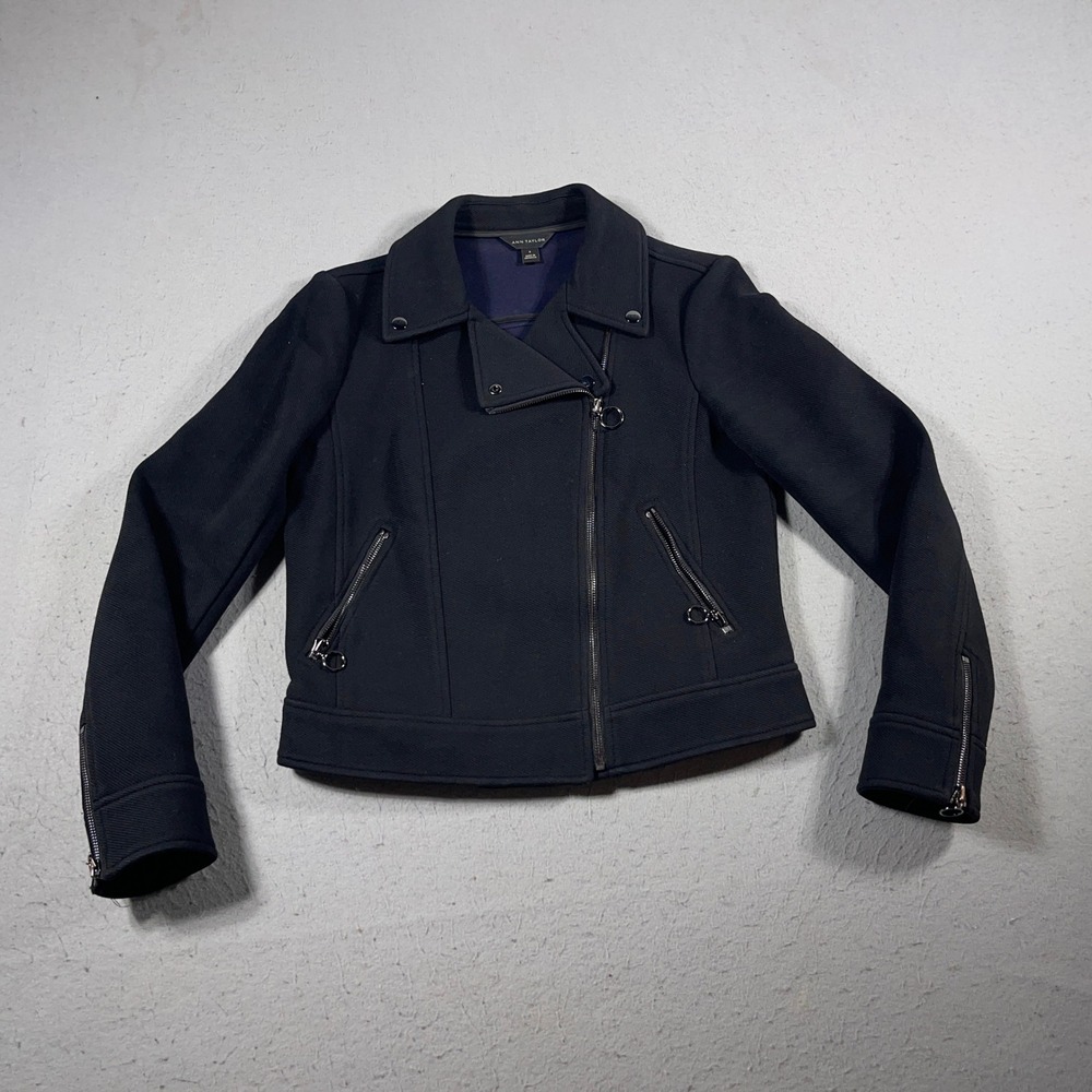 Ann Taylor Moto‎ Jacket Women 6 Black Zip Front Twill Classic Biker Modern Fit